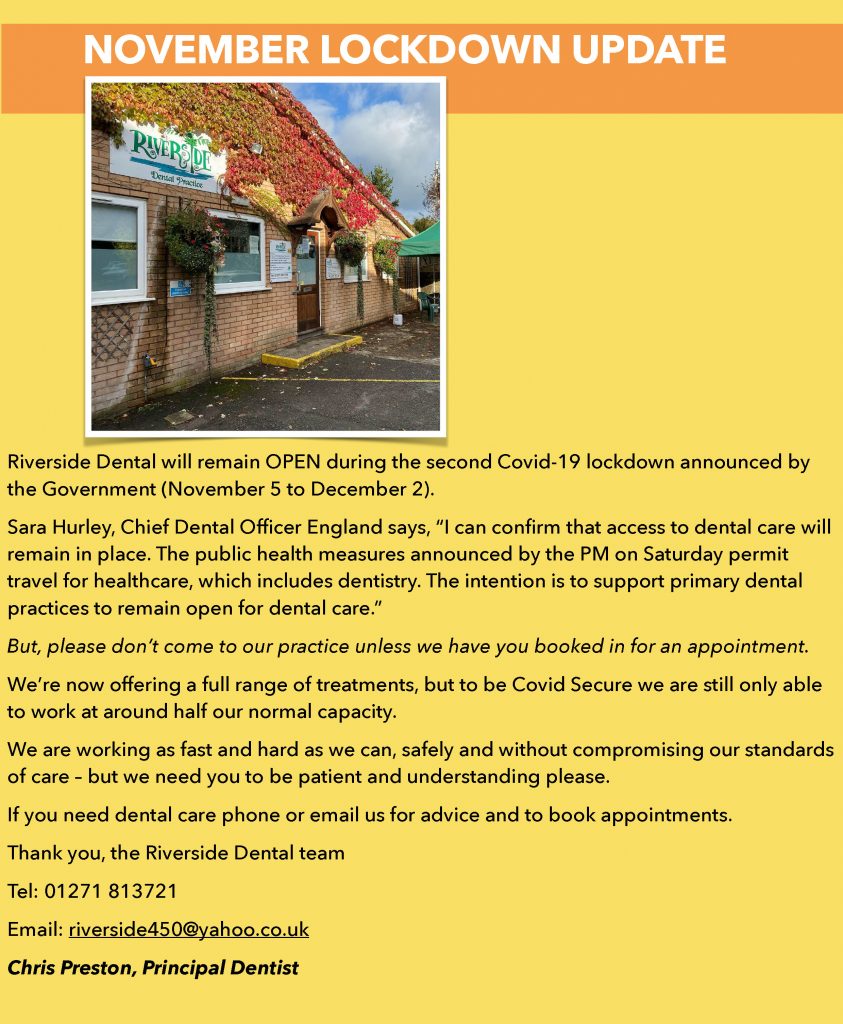 Riverside Dental practice Braunton - November 2020 lockdown update